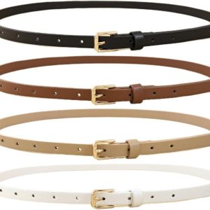 4 Pack Women Skinny Belts for Jeans Dress Thin Waist Belt for Ladies with Gold Buckle 0.55" Width