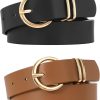 2 Pack Women's Leather Belts for Jeans Dresses Fashion Gold Buckle Ladies Belt