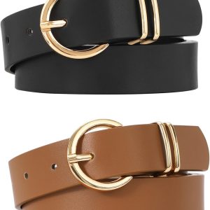 2 Pack Women's Leather Belts for Jeans Dresses Fashion Gold Buckle Ladies Belt
