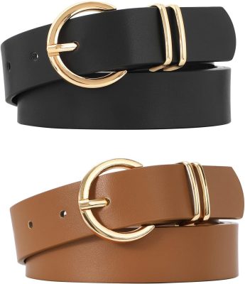 2 Pack Women's Leather Belts for Jeans Dresses Fashion Gold Buckle Ladies Belt