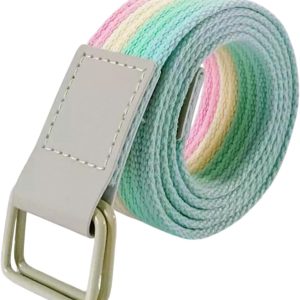 Colorful Rainbow Canvas Belt with Double Square Ring Buckle for Men Women Girls Causal Belt