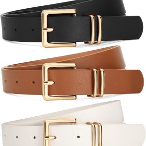 3 PACK Women Leather Belts for Jeans Pants Dresses Fashion Ladies Waist Belt with Gold Square Buckle