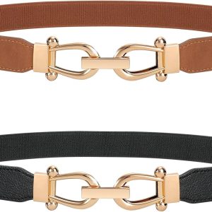 Women Stretchy Waist Belt Retro Elastic Skinny Belt for Ladies with Gold Buckle
