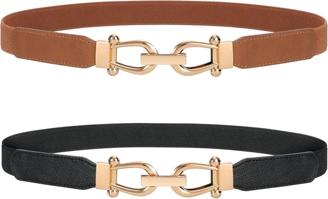 Women Stretchy Waist Belt Retro Elastic Skinny Belt for Ladies with Gold Buckle