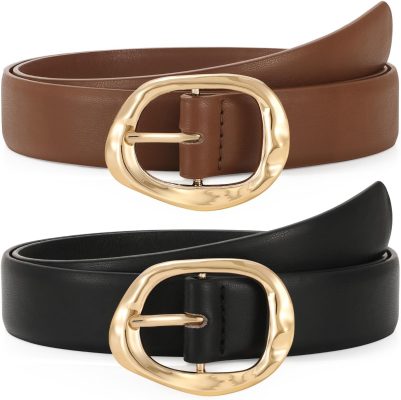 2 Pack Leather Belts for Women Fashion Waist Belt with Liquid Shapes Women Belt for Jeans Pants Dresses