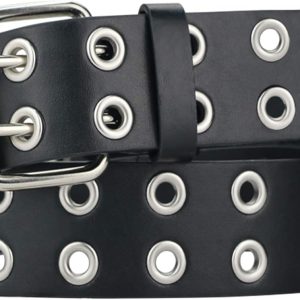 Grommet Leather Belts for Women, Black Belt Women Men with Double Holes