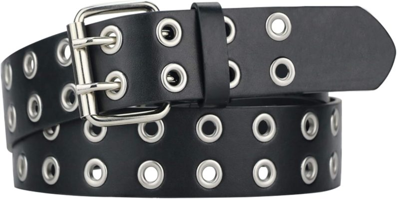 Grommet Leather Belts for Women, Black Belt Women Men with Double Holes