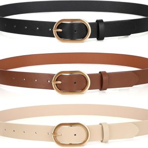 3 Pack Plus Size Women's Leather Belts for Jeans Pants Dress Fashion Gold Buckle Ladies Waist Belt