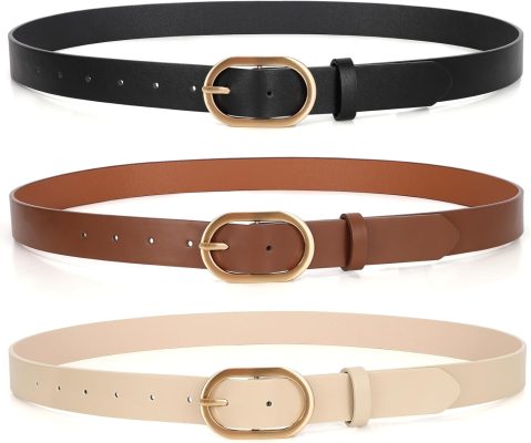 3 Pack Plus Size Women's Leather Belts for Jeans Pants Dress Fashion Gold Buckle Ladies Waist Belt