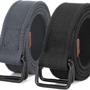 Men Canvas Fabric Belts Casual Web Cloth Belts with Black Double Ring Buckle 2 Pack