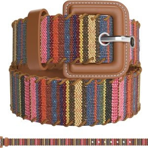 Womens Casual Belts - Multicolor Woven Belt & Brown Vegan Leather Belt